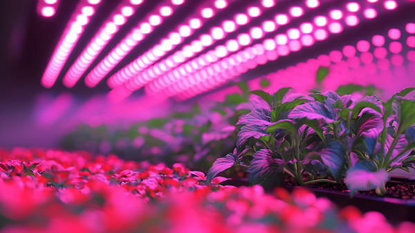 vibrant plants under pink grow lights in a greenhouse designed for optimal growth conditions using LED technology for four seasons