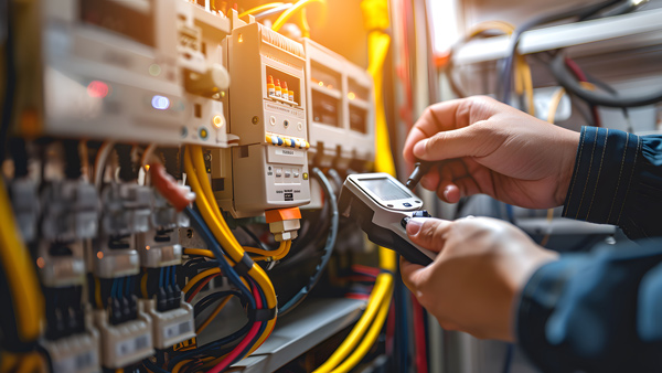 person using a device to measure electrical parameters on control panel with wires and circuit components showcasing electrical maintenance two essential functions
