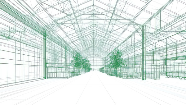 architectural blueprint of a spacious indoor area featuring trees in a modern design with seven distinct sections shown in perspective