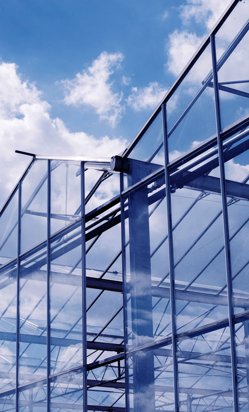 A closeup of a glass green house